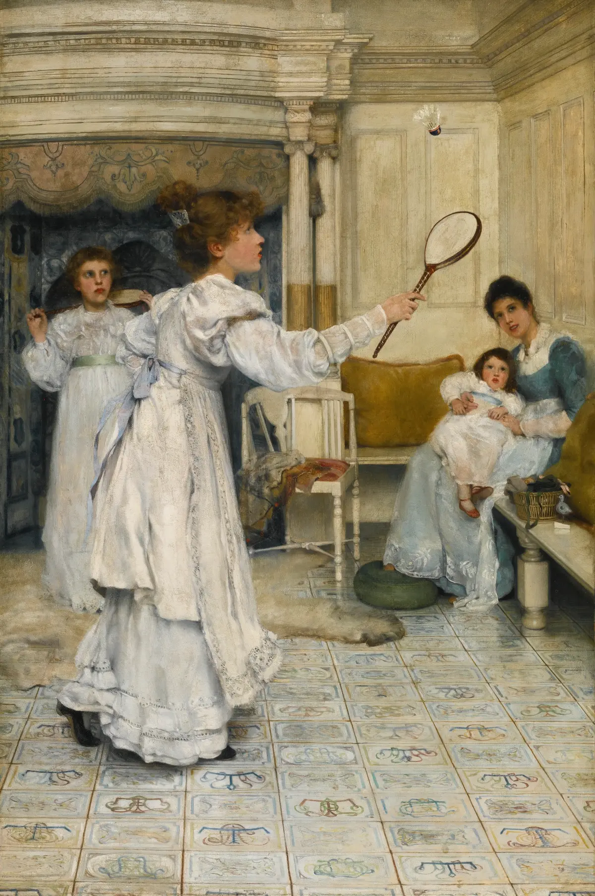 Tableau de Laura Theresa Alma-Tadema : une jeune femme en robe blanche lève sa raquette vers un volant, dans un salon.